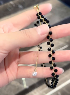 2024新款项链女黑水晶气质锁骨链法式时尚百搭小众抽拉调节颈链女