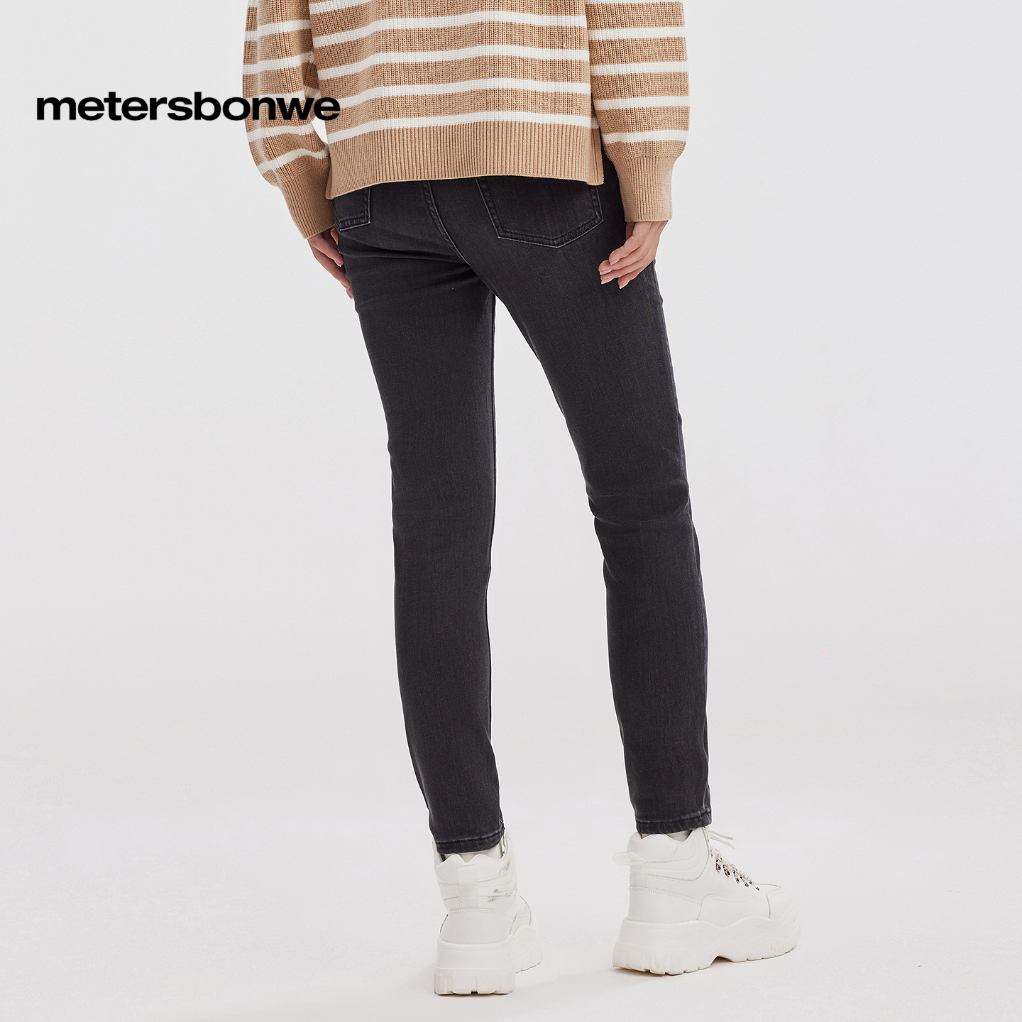 美特斯邦威牛仔裤女秋冬甜酷显瘦提臀紧身小脚牛仔裤厚款弹力长裤