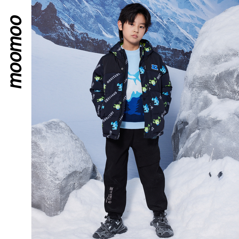 moomoo童装拼接羽绒服男童秋冬新款怪兽大学连帽撞色宽松羽绒服