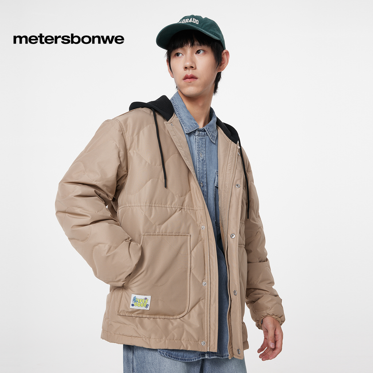 美特斯邦威轻薄羽绒服男士冬季新款拼接撞色经典连帽保暖羽绒外套 - 图1