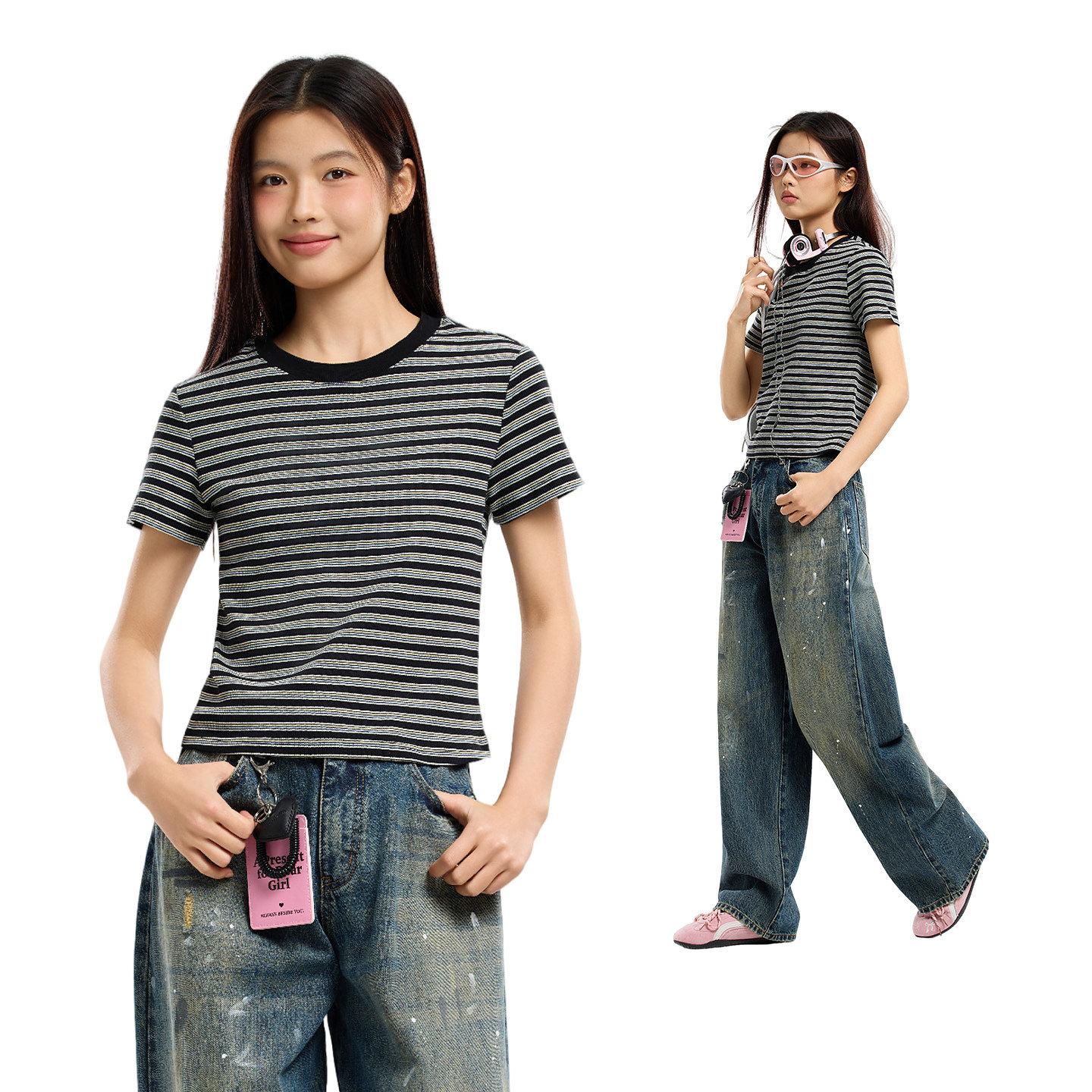 美特斯邦威短袖T恤女夏季复古学院风修身软糯亲肤条纹撞色短袖T恤