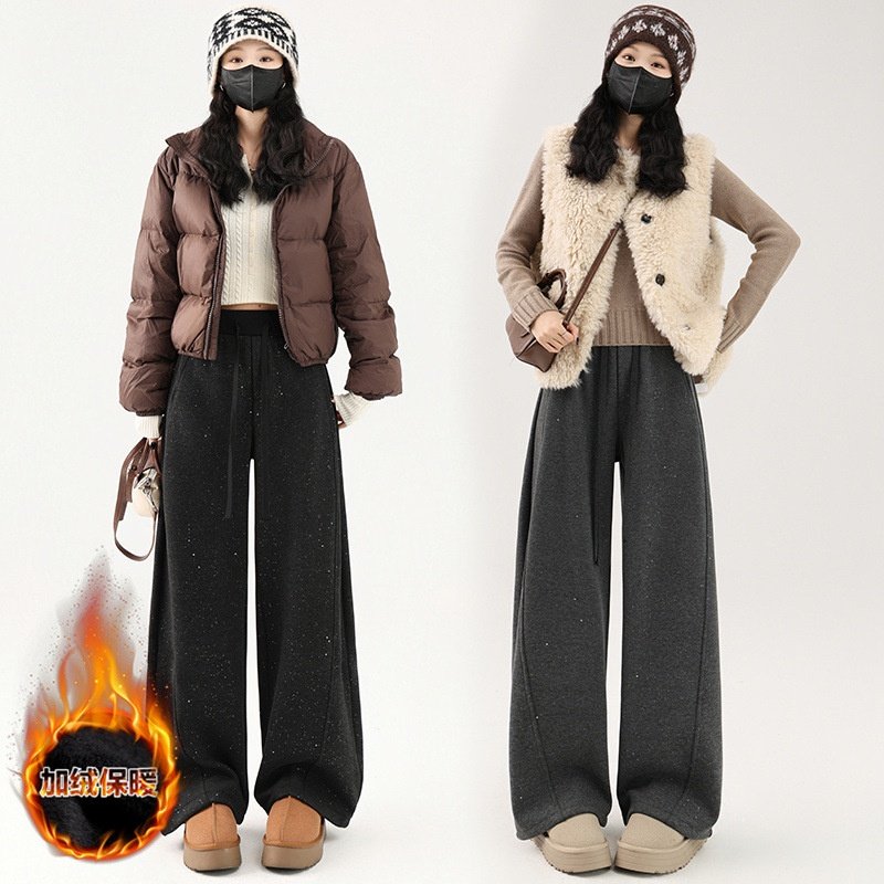 韩系高腰闪片毛呢阔腿裤女加绒秋冬新款高腰遮肉显瘦糯米仿羊绒裤,淘宝优惠券,粉丝福利购,淘宝优惠卷