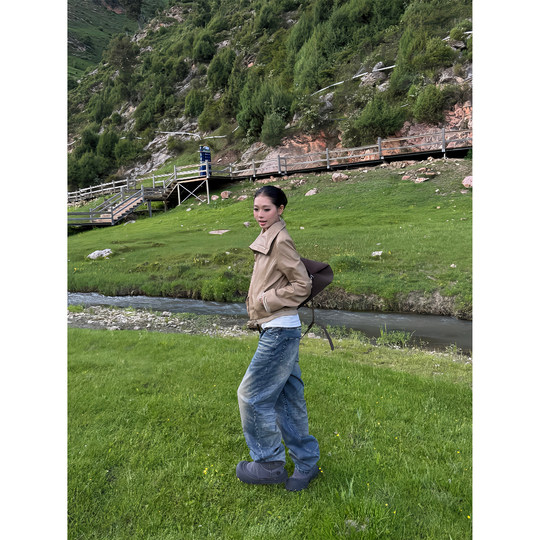 F383 美式复古拼接翻领斜边拉链修身显瘦百搭皮革夹克短外套女ins