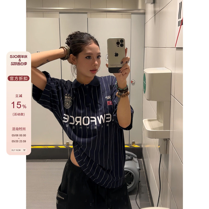 F383 2026美式复古条纹运动球衣POLO衫做旧印花痞帅翻领短袖男女