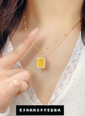 轻奢24k金点钻招财小方牌项链暴富四方蕾丝雕花泡泡钻无事牌项链
