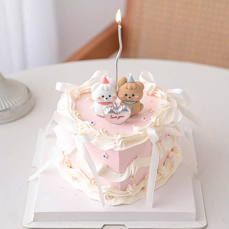 2.14情人节卡通情侣修狗蛋糕装饰摆件爱心love蜡烛丝带蝴蝶结装扮,淘宝优惠券,粉丝福利购,淘宝优惠卷