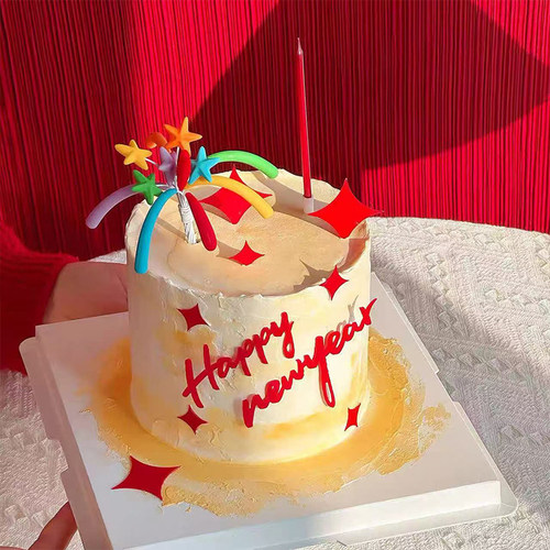 2026软胶多彩礼花火花蛋糕装饰插件英文新年快乐亚克力装扮配件 - 图1