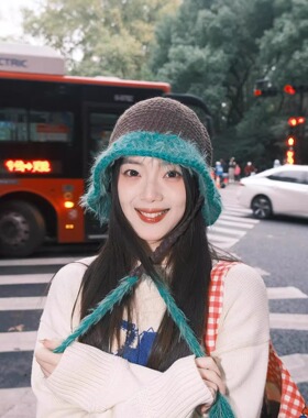 杨紫同款黑白撞色手工粗毛线帽子女秋冬保暖大头围绑带辫子针织帽