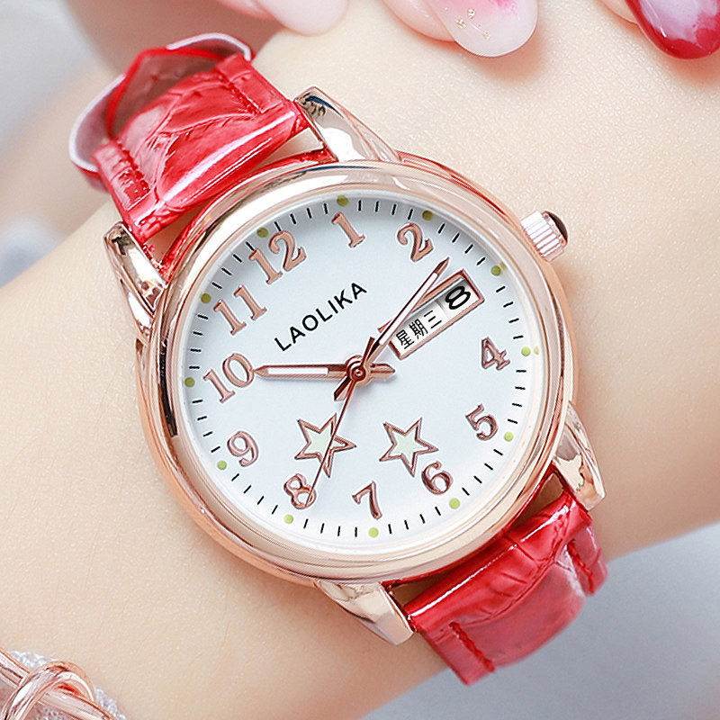 新款女士双日历星期皮带夜光石英表 劳利卡手表国产腕表
