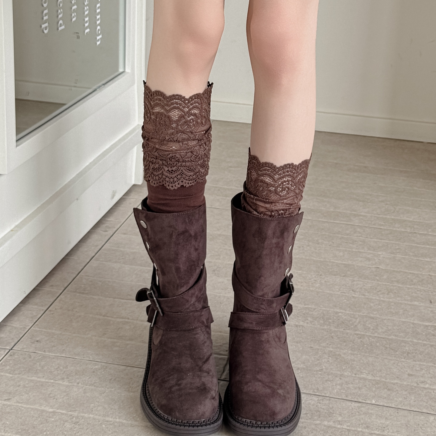 蕾丝花边小腿袜女春秋款纯棉白色配长靴jk个性显瘦纯欲高筒长筒袜 - 图1