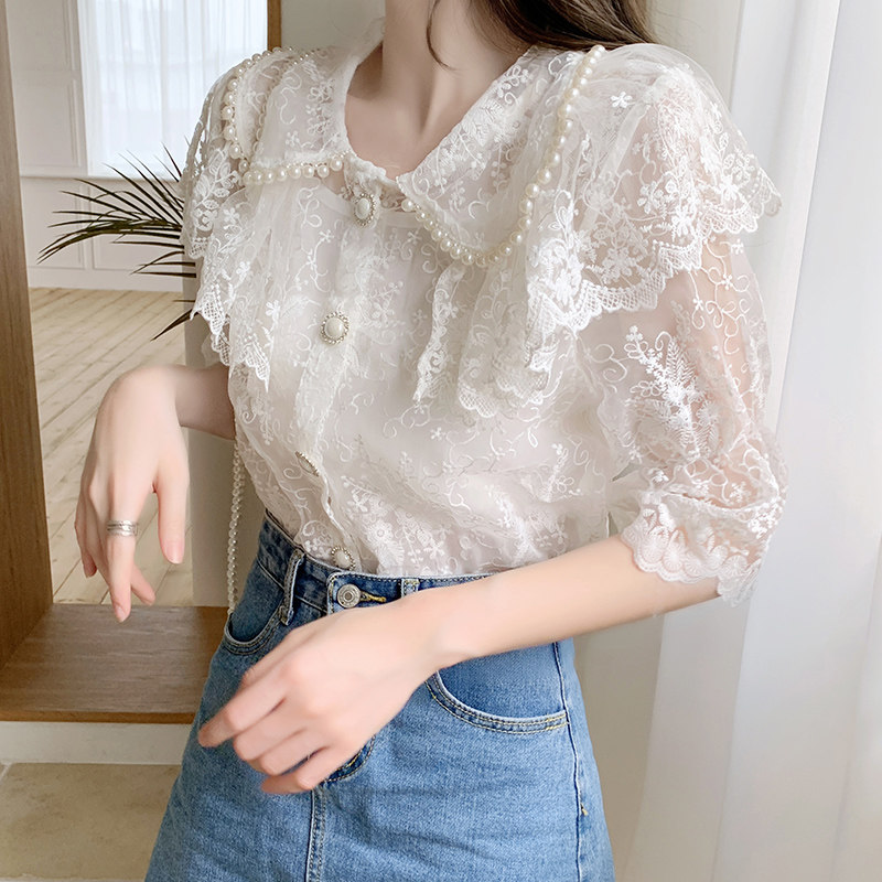 韩版2021新款娃娃领短袖甜美蕾丝衫 夏甄蕾丝衫/雪纺衫