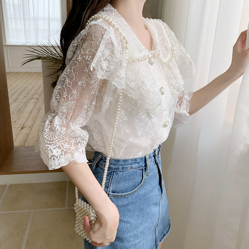 韩版2021新款娃娃领短袖甜美蕾丝衫 夏甄蕾丝衫/雪纺衫