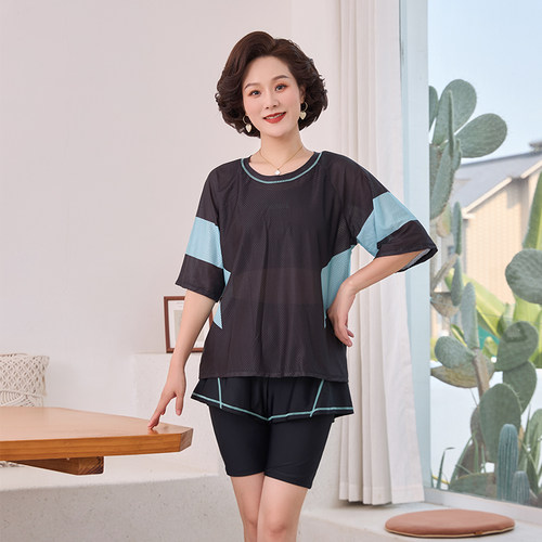 2025新款泳衣女保守大码运动三件套分体平角裤显瘦遮温泉妈妈泳装 - 图1