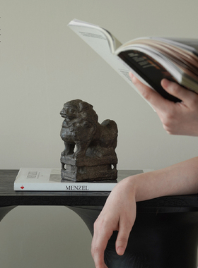 栗石【狮意吉祥】侘寂风仿古手工石雕狮子摆件复古做旧装饰工艺品