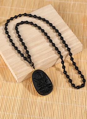 2026复古饰品挂件黑曜吊坠项链饰品观音黑曜石镶金保色款项链
