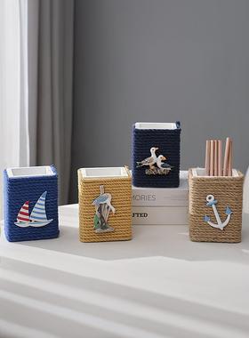 2026地中海风格创意笔筒收纳盒海洋风家居木质办公桌面装饰品摆件