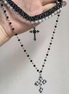 2026冷淡风多层十字架叠戴串珠项链欧美跨境饰品小众高级感锁骨链