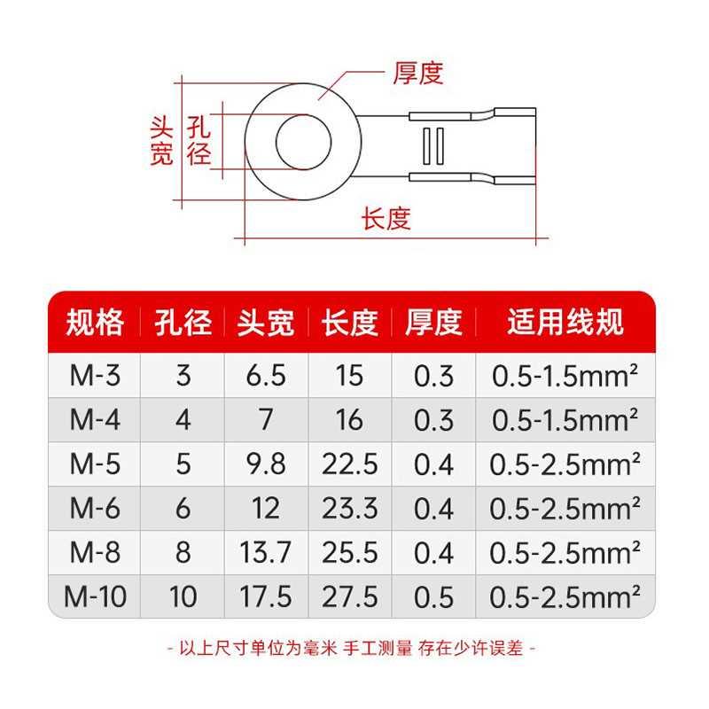 冷压接线端子6.2接线片接地环线耳圆形压线鼻叉型铜线鼻子裸端子 - 图2