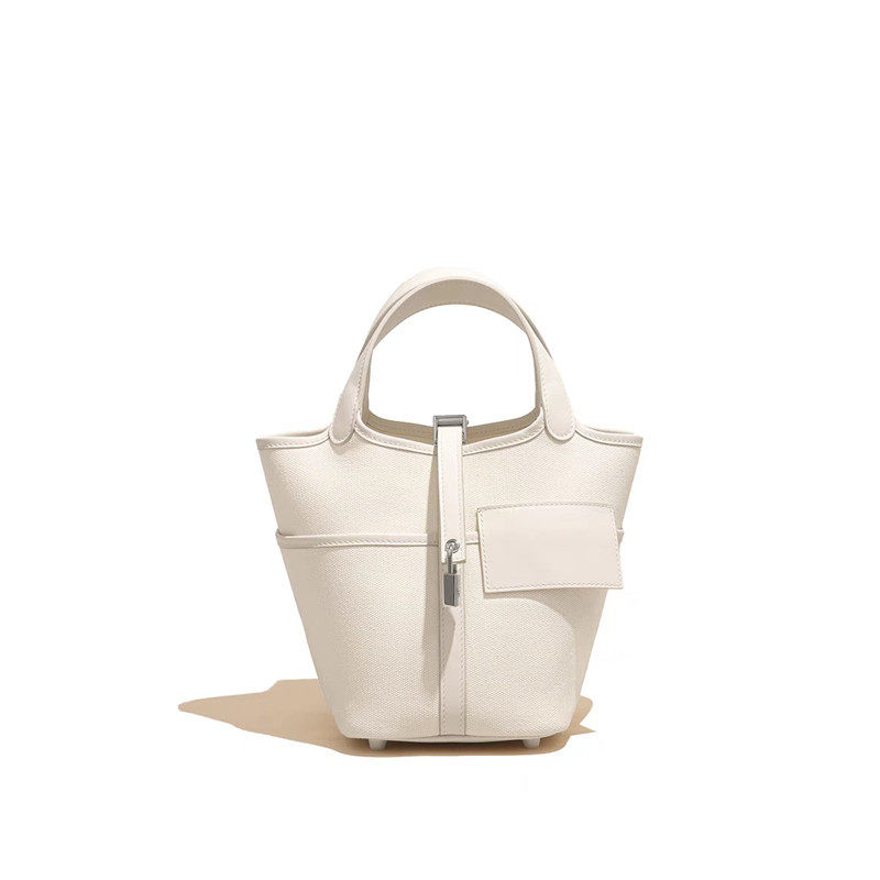 2024新款牛皮配帆布菜篮子包锁扣口袋零钱袋时尚休闲手提帆布小包,淘宝优惠券,粉丝福利购,淘宝优惠卷