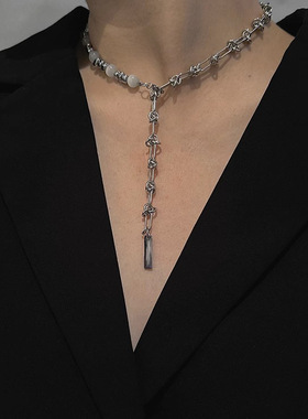 王嘉尔同款猫眼石串珠感项链男款嘻哈风钛钢链子男士锁骨链配饰