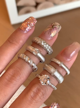 他为什么依然单身朱珠同款拉丝几何可调节开口戒指闪耀锆石戒指女