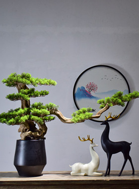 天然玄关迎客松实木招财新中式