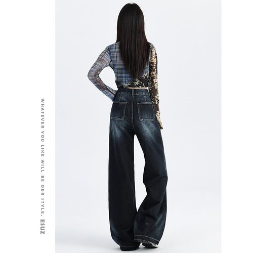 A24897蓝色渐变阔腿牛秋仔裤女季新深款高拖腰宽松美式松弛垂感直 - 图3