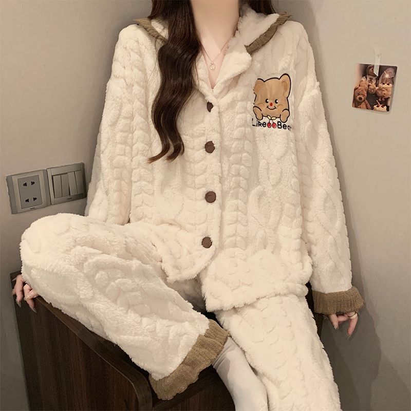 珊瑚绒睡衣女士卡通甜美花边秋冬季新款加厚加绒保暖法兰绒家居服 - 图0