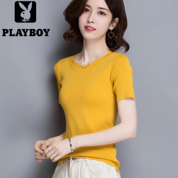 Playboy mulberry silk ແຂນສັ້ນຂອງແມ່ຍິງ summer ໃຫມ່ slim fit ເສື້ອທີເຊີດ sweater ຄໍເຕົ້າໄຂ່ທີ່ເກົາຫຼີ instop ບາງສ່ວນ