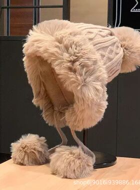 秋冬季三毛球可爱加绒加厚套头帽女士棉羊绒防寒保暖纯色针织