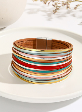 新款亚马逊多条渐变男手环皮绳混色百搭女士pu皮革皮手链磁扣手镯