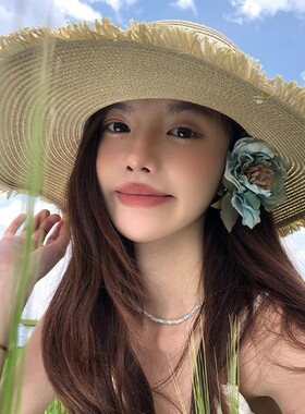 蕾丝蝴蝶结编织草帽女夏季大帽檐海边度假沙滩遮阳防晒帽太阳