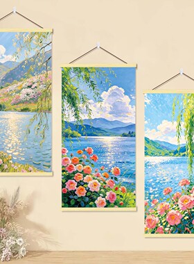油画风湖边山水风景温馨惬意风现代装饰挂画卧室房间客厅布置壁画