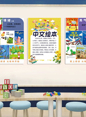 绘本馆墙面装饰图书阅读教室文化墙布置壁画中英文绘本简介海报