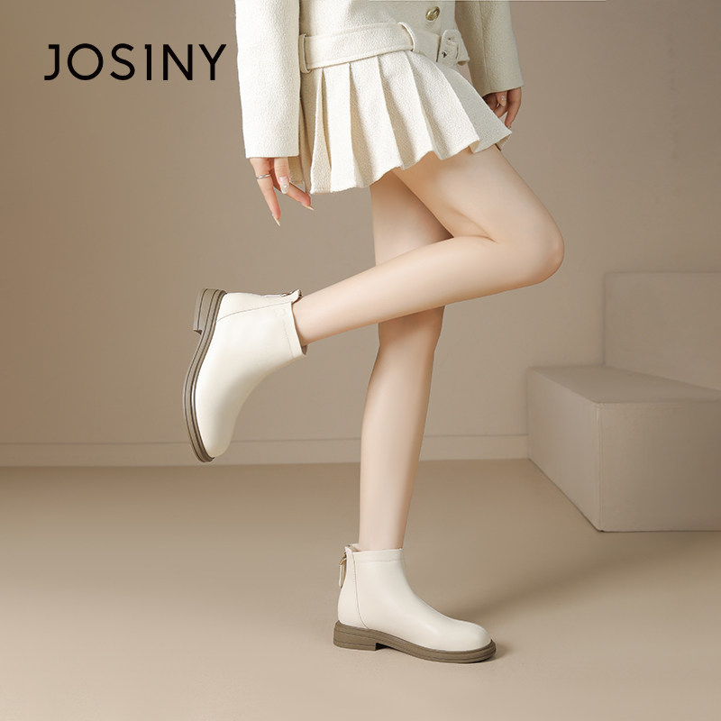 卓诗尼冬季撤柜正品女瘦瘦靴奶油素面短筒靴圆头中缝低跟百搭舒适,淘宝优惠券,粉丝福利购,淘宝优惠卷