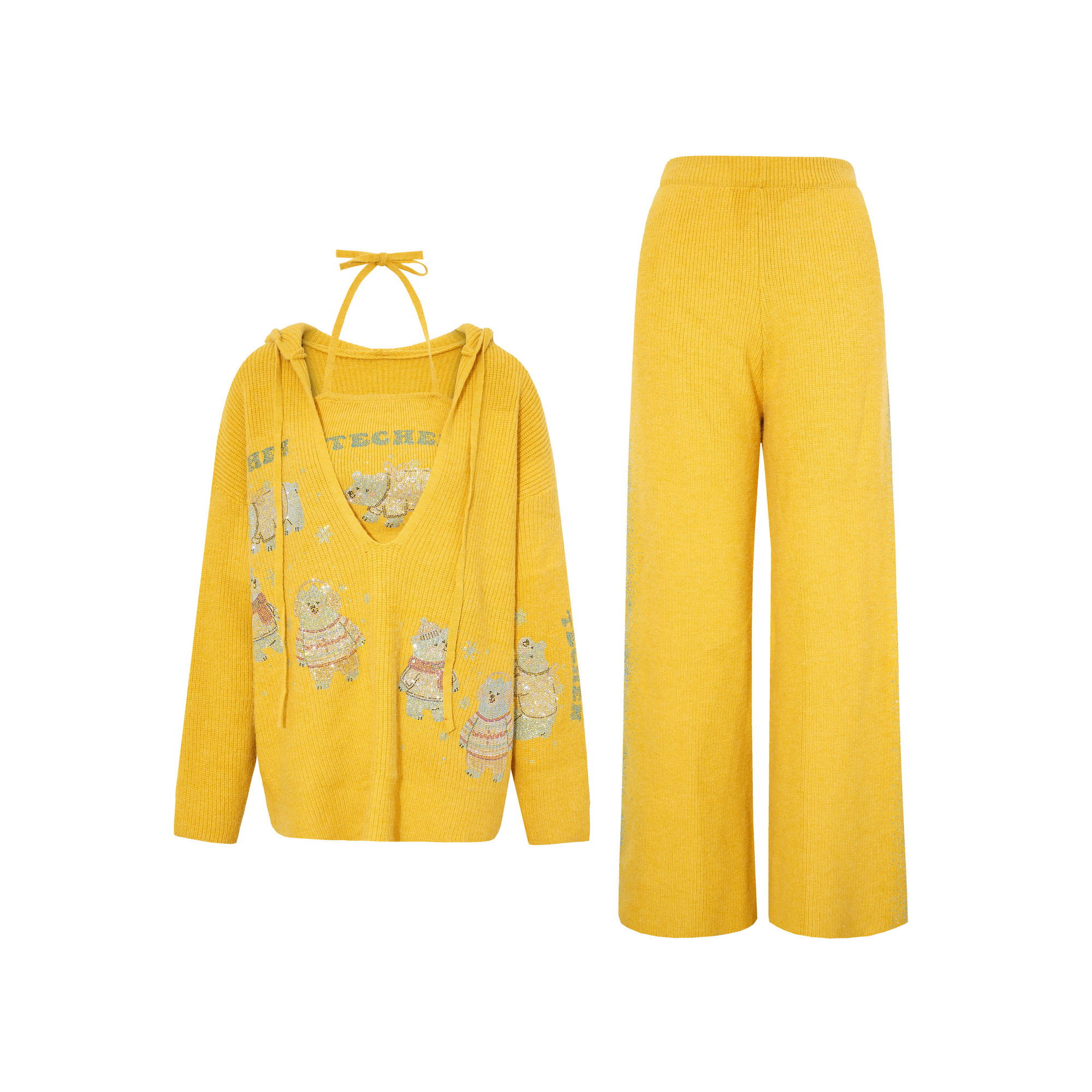 TCH时尚烫钻黄色减龄休闲连帽针织衫休闲裤背心套装女T75D07E5021,淘宝优惠券,粉丝福利购,淘宝优惠卷