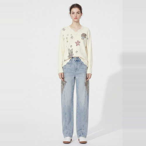 TCH2026春新款烫钻天使之翼高腰显瘦阔腿弯刀牛仔裤女T78A20E1127 - 图0