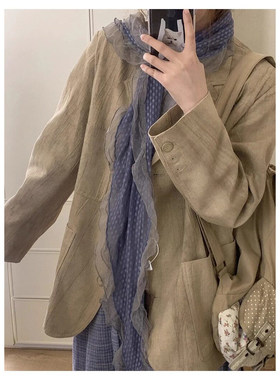 藤井树同款波点蕾丝木耳边丝巾