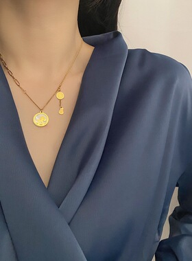 钛钢马上有钱18K白贝母项链设计感拼接链条锁骨项链配饰女百搭ins