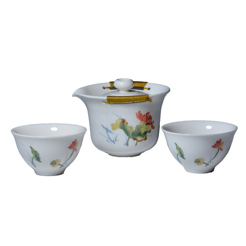 茂源盛台湾三希功夫茶具彩荷花侧壶浮雕盖碗牙白盖杯手抓壶易泡壶 - 图3