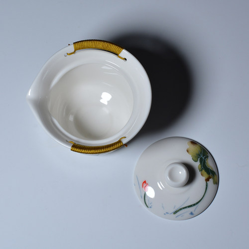 茂源盛台湾三希功夫茶具彩荷花侧壶浮雕盖碗牙白盖杯手抓壶易泡壶 - 图1