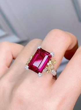 花之舞玫红钻山茶花开口戒指仿