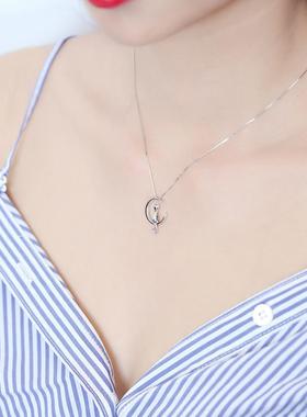 韩版创意镀925银月亮猫咪项链女