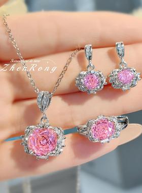 八角千禧玫瑰切坦桑蓝项链吊坠