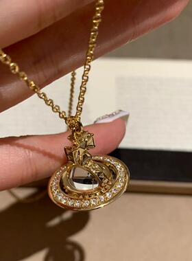 VW西家同款微镶满钻立体土星项链