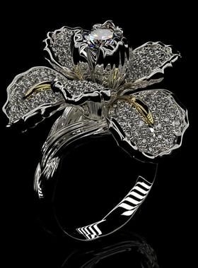 臻荣微镶满钻鸢尾花双色戒指欧美