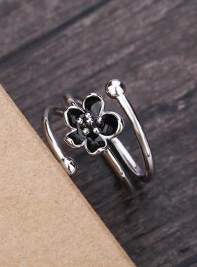 原创镀s925银滴油黑色花朵开口可
