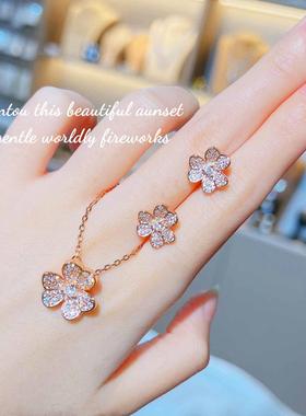 经典幸运三叶草项链吊坠满钻花瓣