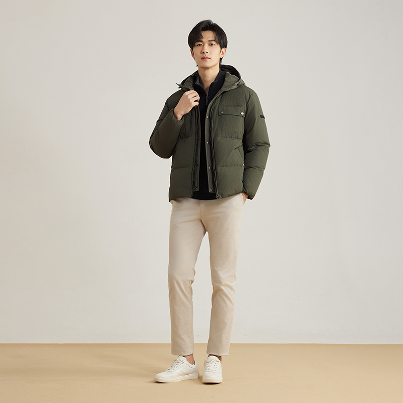 90%鹅绒 BEANPOLE滨波 男士休闲优雅可脱卸帽撞色羽绒服 - 图1