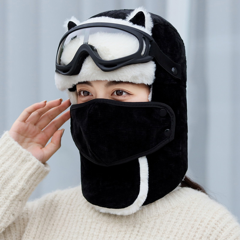 甜美可爱猫耳朵雷锋帽女冬季加厚保暖帽户外骑车防风防寒帽东北帽